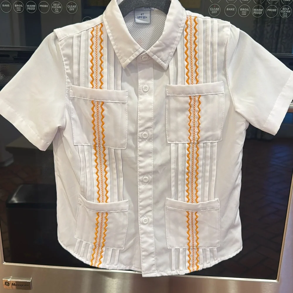 Blue Quail - Boys Guayabera- White & Orange Short Sleeve Shirt - Size: 4T - Picture 1 of 4